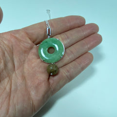 Jade Donut and Agarwood Bead Pendant with Sterling Silver Necklace