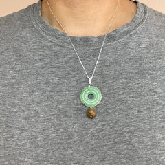 Jade Donut and Agarwood Bead Pendant with Sterling Silver Necklace