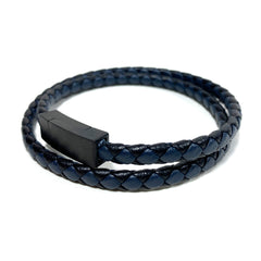 Leather Double Wrap Braided Bracelet - Blue/Black - Stainless Steel Magnetic Clasp