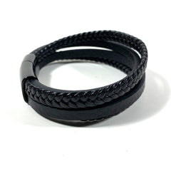 Men's Black Leather Bracelet - Stainless Steel Magnetic Clasp